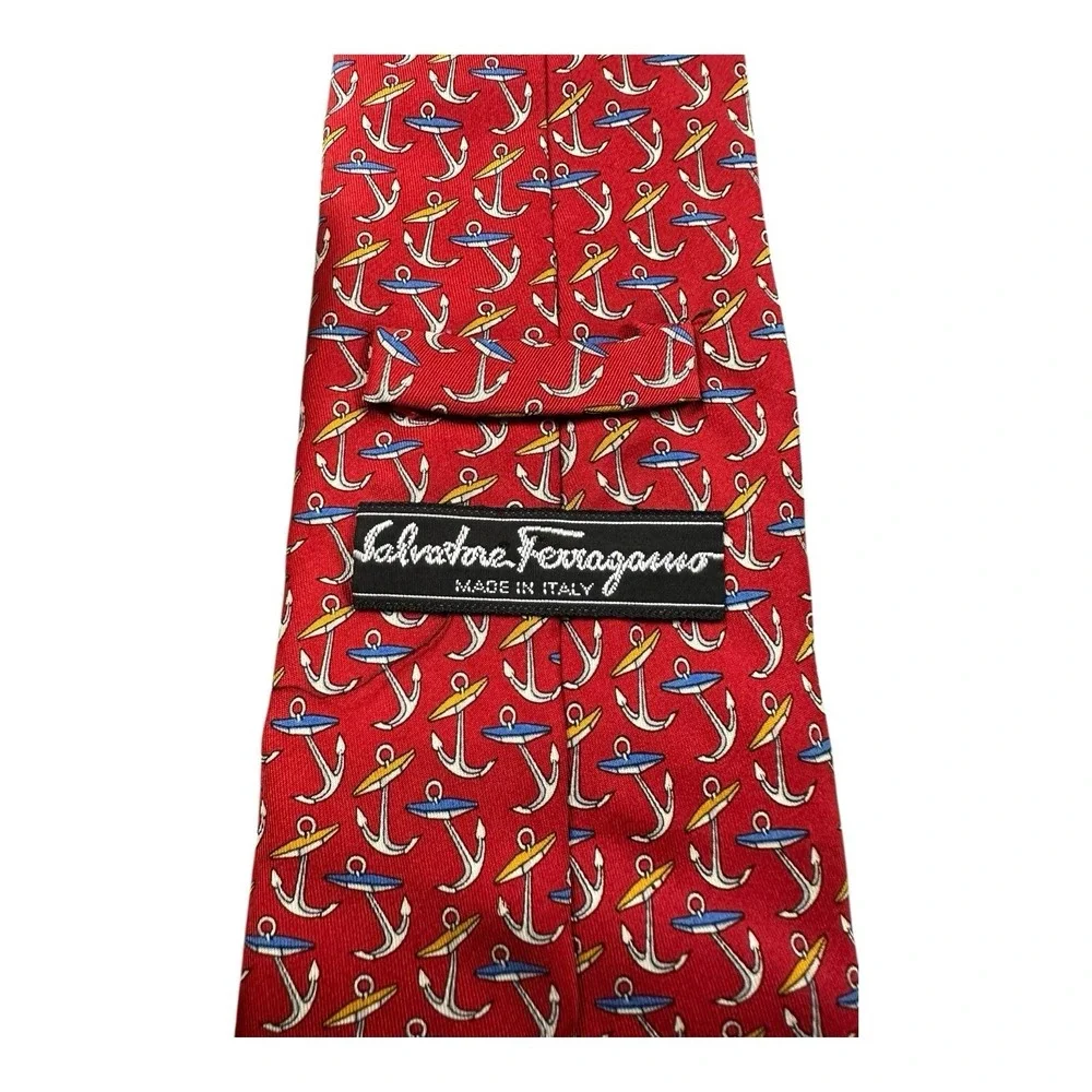 Salvatore Ferragamo Red Anchor AOP Pure Silk Men's Tie 3.5 Inch‎ Width NWT